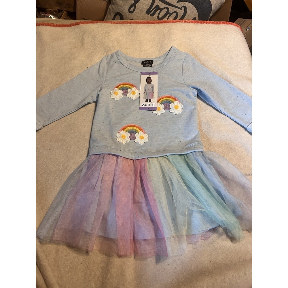 Zunie Girls Size 4 Rainbow Tutu Dress Blue Long Sleeve Unicorncore NWT
